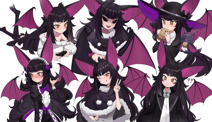 1girl ;q ? ?? absurdres alternate_costume animal_ears bat_(animal) bat_ears bat_girl bat_wings black_bow black_dress black_eyes black_hair black_hat black_jacket black_nails black_poncho black_sclera blush bow bowtie burger center_frills clawed_feet closed_mouth collarbone colored_sclera commission controller cross-laced_clothes dress fang flower food food_in_mouth frills fur-trimmed_poncho fur_trim game_controller grey_bow grey_bowtie hair_flower hair_ornament hand_on_own_hip hat hat_bow heart highres holding holding_controller holding_food holding_game_controller indie_virtual_youtuber jacket kiritzugu large_ears long_hair maid_headdress midriff moriko_kyoho navel one_eye_closed plaid plaid_bow plaid_bowtie pom_pom_(clothes) purple_bow purple_flower school_uniform second-party_source shirt skin_fang sweater tongue tongue_out virtual_youtuber white_shirt white_sweater wide_brim wings yellow_eyes