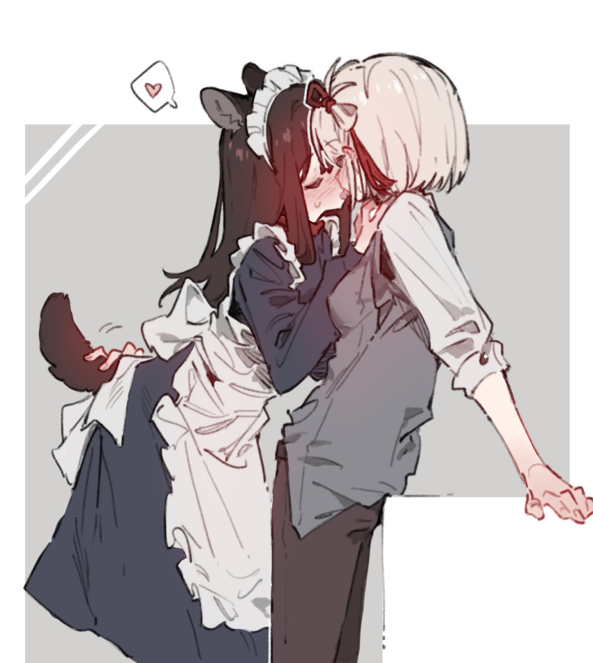 2girls animal_ears apron back_bow black_dress black_hair black_pants blonde_hair blush bow closed_eyes dog_ears dog_girl dog_tail dress french_kiss frilled_apron frills grey_vest hair_ribbon heart highres inoue_takina kemonomimi_mode kiss long_hair long_sleeves lycoris_recoil maid maid_headdress multiple_girls nishikigi_chisato one_side_up pants red_ribbon ribbon shioneko114 shirt short_hair sidelocks sleeves_past_elbows spoken_heart tail tail_grab vest white_apron white_shirt yuri