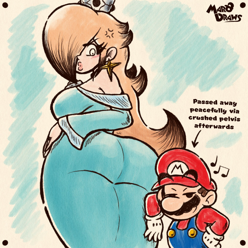 1boy 1girl anger_vein arrow_(symbol) artist_name ass black_hair blonde_hair blue_dress blue_overalls breasts brown_hair colored_tips dress earrings english_commentary english_text facial_hair gloves hair_behind_ear highres jewelry leaning_on_person looking_at_viewer looking_back mario mario_(series) marodraws medium_breasts multicolored_hair musical_note mustache off_shoulder one_eye_covered overalls pink_lips puckered_lips red_hat red_shirt rosalina shirt smirk smug v-shaped_eyebrows white_eyes white_gloves