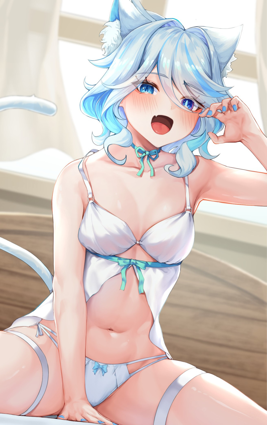 1girl animal_ear_fluff animal_ears arm_support babydoll bare_arms bare_shoulders blue_eyes blue_hair blue_nails blush cat_ears cat_tail commentary curtains furina_(genshin_impact) genshin_impact hair_intakes highres kemonomimi_mode looking_at_viewer nail_polish navel open_mouth panties short_hair solo spaghetti_strap stomach tail thigh_strap thighs underwear white-paka white_panties