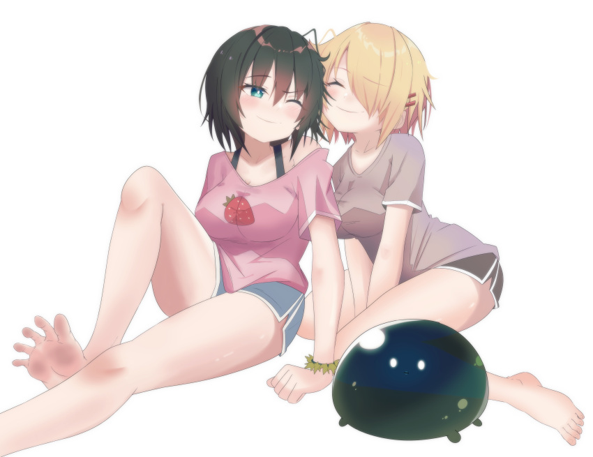 2girls absurdres aoi_erika aqua_eyes bare_legs barefoot black_hair blonde_hair breasts framed_breasts hair_ornament hair_over_one_eye happy heaven_burns_red highres kayamori_ruka large_breasts multiple_girls narvy_(heaven_burns_red) short_hair shorts soles toxic_pter yuri