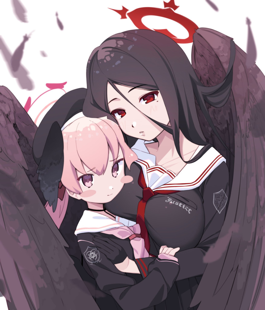 2girls black_gloves black_hair black_hat black_serafuku black_wings blue_archive blush blush_stickers breasts closed_mouth feathered_wings feathers gloves hair_between_eyes halo hasumi_(blue_archive) hat head_wings highres koharu_(blue_archive) large_breasts lisa_(faeuna) long_hair long_sleeves looking_at_viewer mole mole_under_eye multiple_girls neckerchief parted_lips pink_eyes pink_hair pink_neckerchief red_eyes red_neckerchief sailor_collar school_uniform serafuku simple_background twintails upper_body white_background white_sailor_collar wings