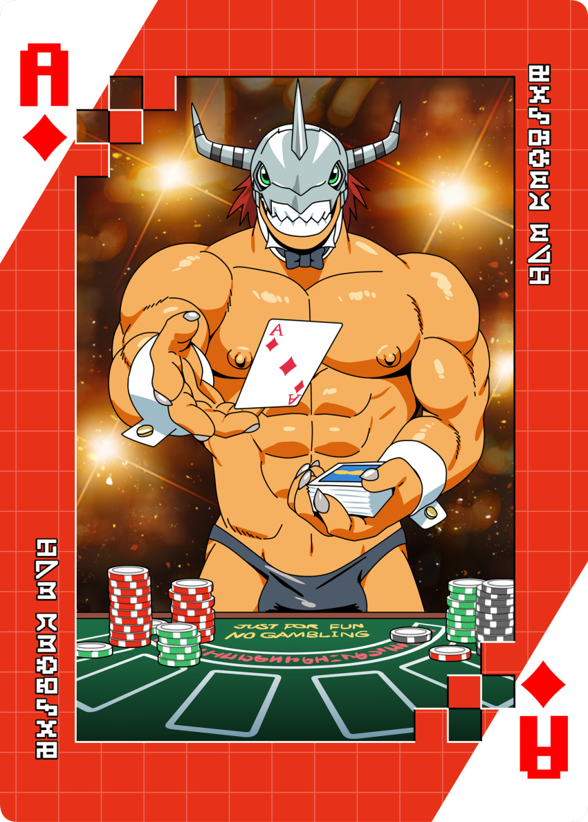 abs anthro armor bandai_namco bulge card clothing digimoji digimon digimon_(species) furniture gambling grin headgear helmet hi_res male muscular muscular_anthro muscular_male nipples pecs playing_card poker_chip poker_table roaringmoon smile solo suit_symbol table thong underwear wargreymon