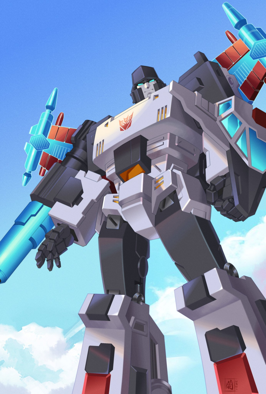 blue_eyes clenched_hand cloud decepticon highres insignia lantana0_0 looking_at_viewer mecha mechanical_wings megatron megatron_(shattered_glass) no_humans open_hand science_fiction sky smile solo transformers transformers_shattered_glass wings