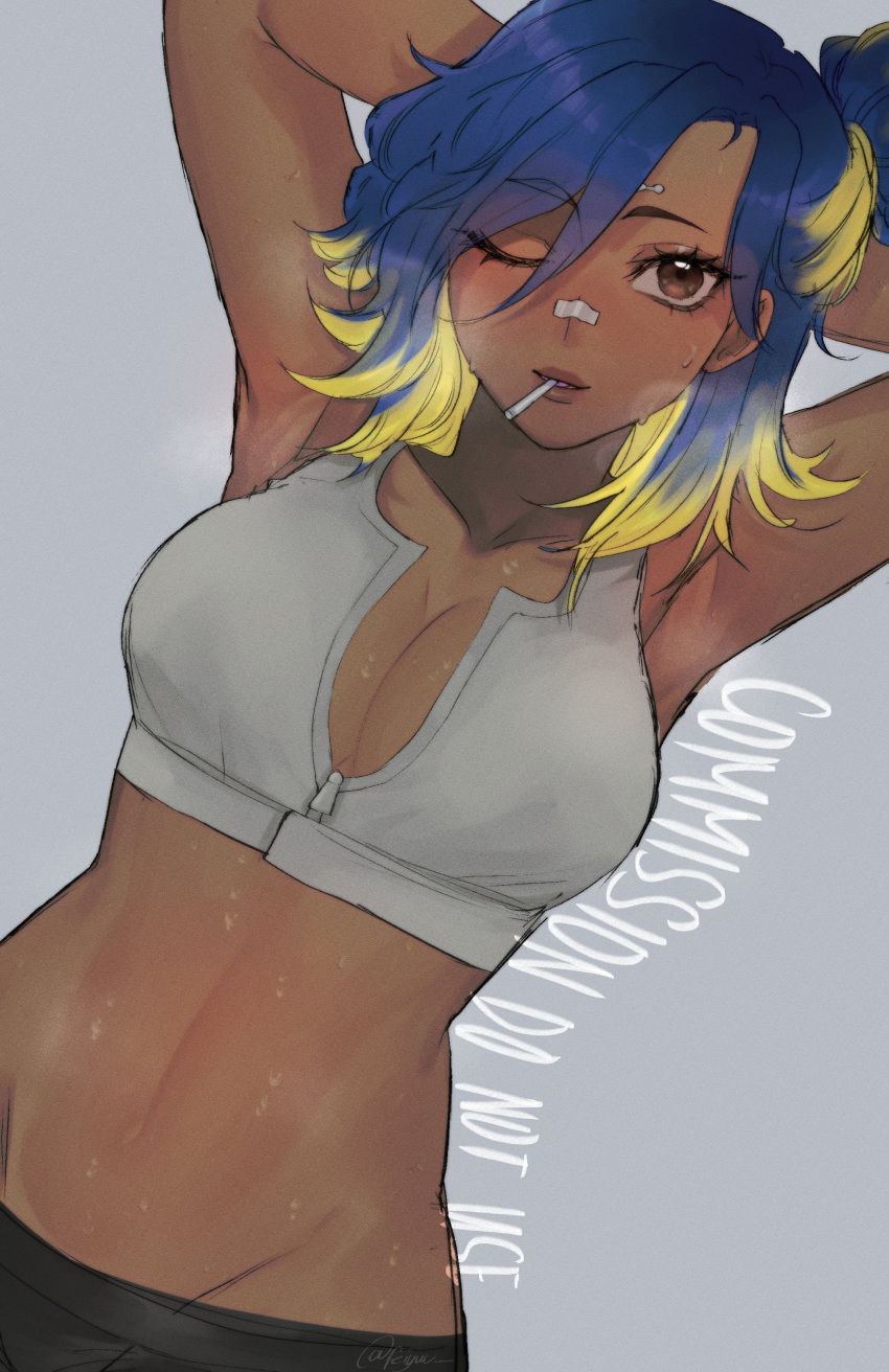 1girl absurdres armpits arms_behind_head arms_up artist_name black_pants blonde_hair blue_hair blush breasts brown_eyes candy cleavage cone_hair_bun dark-skinned_female dark_skin feiyuu food from_above grey_background hair_bun highres hip_bones lollipop looking_at_viewer looking_up medium_breasts mouth_hold multicolored_hair navel neon_(valorant) one_eye_closed pants signature simple_background solo sports_bra steam sweat twitter_username two-tone_hair unzipped upper_body valorant white_sports_bra