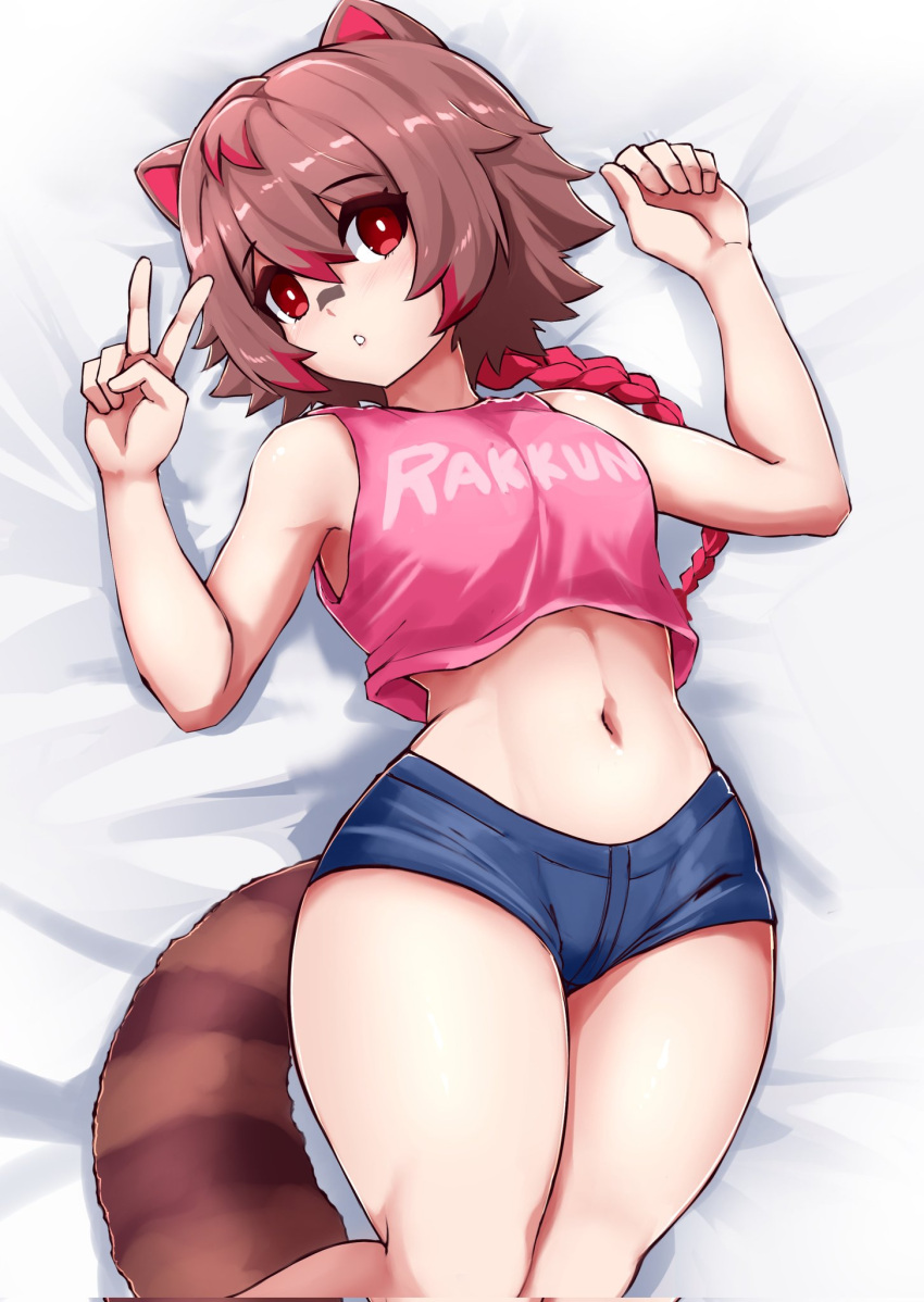 1girl animal_ears bandaid bandaid_on_face bandaid_on_nose bed_sheet blue_shorts braid breasts bright_pupils character_name chestnut_mouth colored_tips commentary corrupted_twitter_file cropped_shirt feet_out_of_frame hands_up highres indie_virtual_youtuber light_blush lineart looking_at_viewer lying medium_breasts medium_hair midriff multicolored_hair navel on_back pink_shirt pink_top print_shirt raccoon_ears raccoon_girl raccoon_tail rakkun_sutaru red_eyes red_hair shirt short_shorts shorts slash-ex sleeveless sleeveless_shirt solo spanish_commentary stomach tail thick_thighs thighs v virtual_youtuber white_pupils