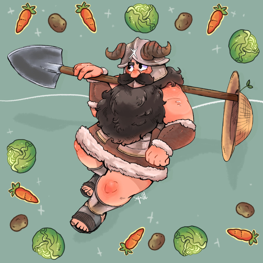 1boy bara beard blush border brown_hair cabbage carrot carrying_over_shoulder dungeon_meshi dwarf facial_hair fake_horns full_body hat helmet highres holding holding_shovel horned_helmet horns long_beard looking_ahead male_focus memasterleni ornate_border plump potato senshi_(dungeon_meshi) shovel solo sparkle_background sun_hat thick_eyebrows thick_mustache very_long_beard