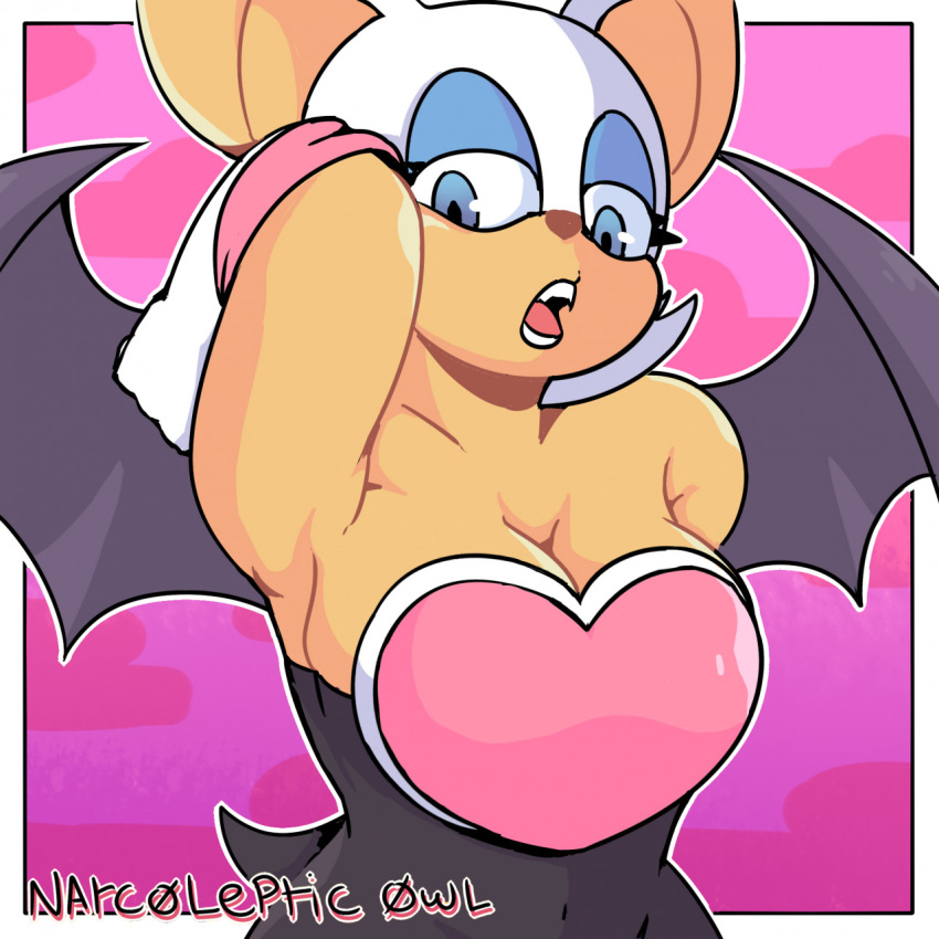 1:1 anthro bat breasts clothed clothing female hairless_armpit hi_res looking_at_viewer mammal membrane_(anatomy) membranous_wings narcolepticowl open_mouth presenting presenting_armpit rouge_the_bat sega simple_background solo sonic_the_hedgehog_(series) wings