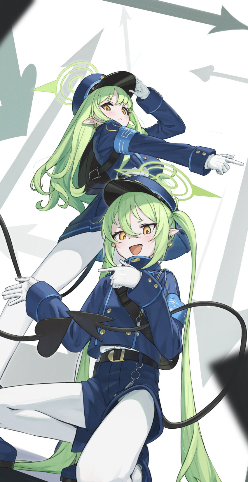 2girls absurdres armband backpack bag black_hat black_shorts black_tail blue_archive blue_armband buttons demon_tail double-breasted gloves green_hair green_halo halo hat highlander_sidelocks_conductor_(blue_archive) highlander_twintails_conductor_(blue_archive) highres kneeling long_hair mesugaki multiple_girls pantyhose peaked_cap pleated_skirt pointing pointing_to_the_side pointy_ears shorts skirt tail train_conductor twintails uito_yzwa white_gloves white_pantyhose