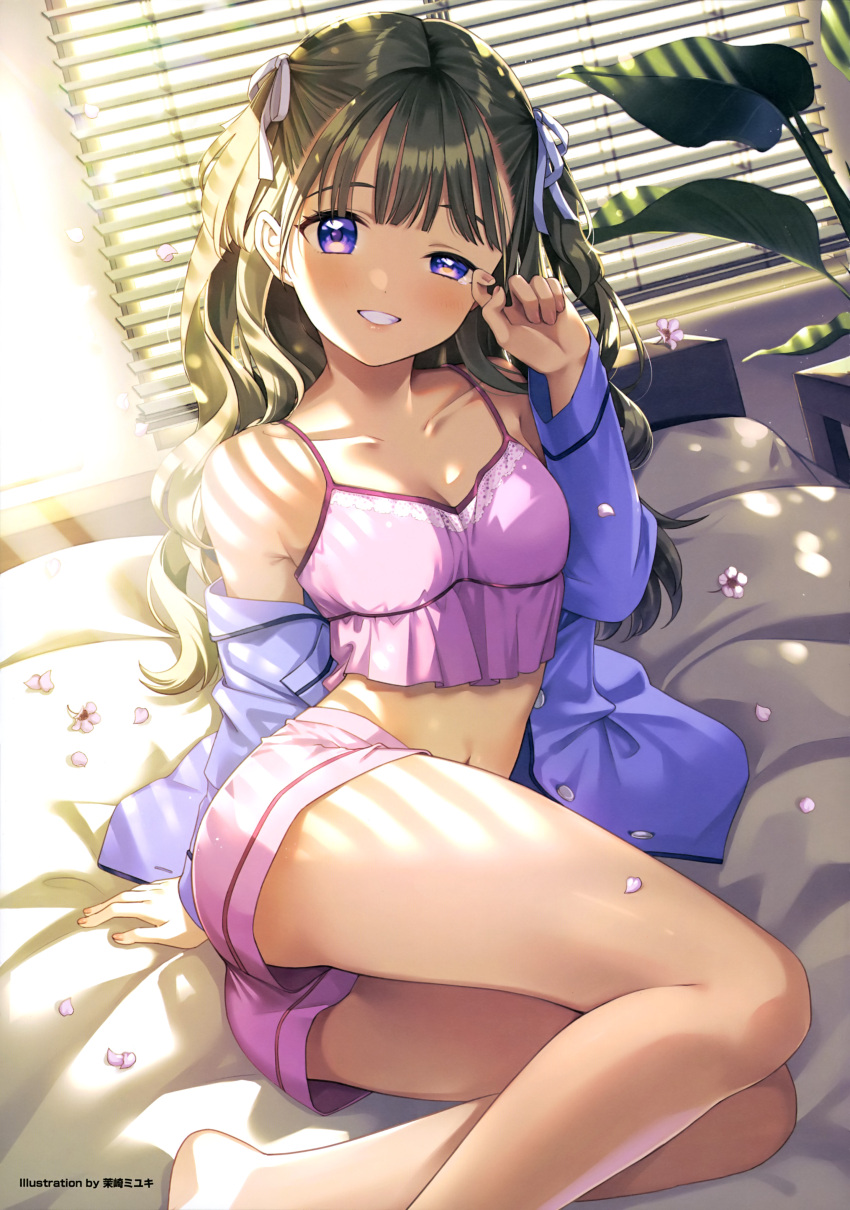 1girl absurdres arm_support bed blunt_bangs breasts brown_hair camisole cleavage commentary_request grin hair_ribbon highres looking_at_viewer matsuzaki_miyuki morning non-web_source on_bed original pajamas petals pink_camisole pink_shorts plant potted_plant purple_eyes purple_pajamas purple_shirt ribbon rubbing_eyes shirt shorts sitting small_breasts smile solo thighs window_blinds