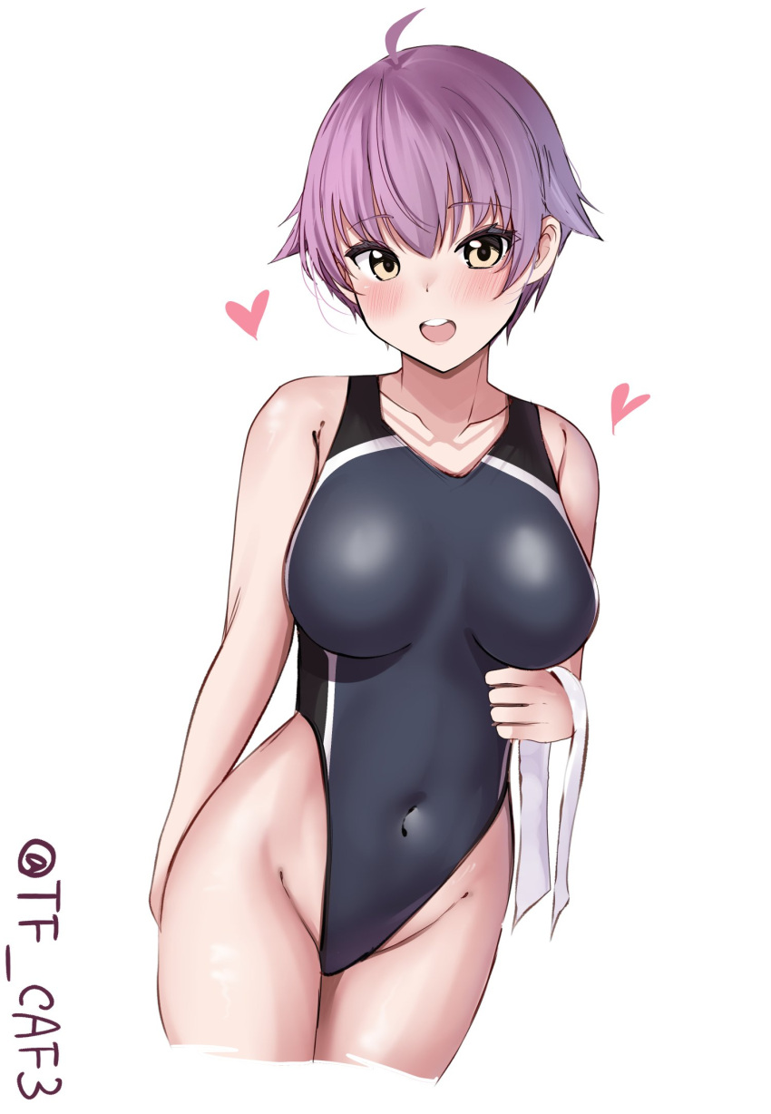 1girl alternate_costume blue_one-piece_swimsuit breasts commentary_request cowboy_shot cropped_legs heart highleg highleg_swimsuit highres kantai_collection large_breasts one-hour_drawing_challenge one-piece_swimsuit open_mouth purple_hair sakawa_(kancolle) short_hair simple_background smile solo swimsuit tf_cafe towel twitter_username white_background yellow_eyes