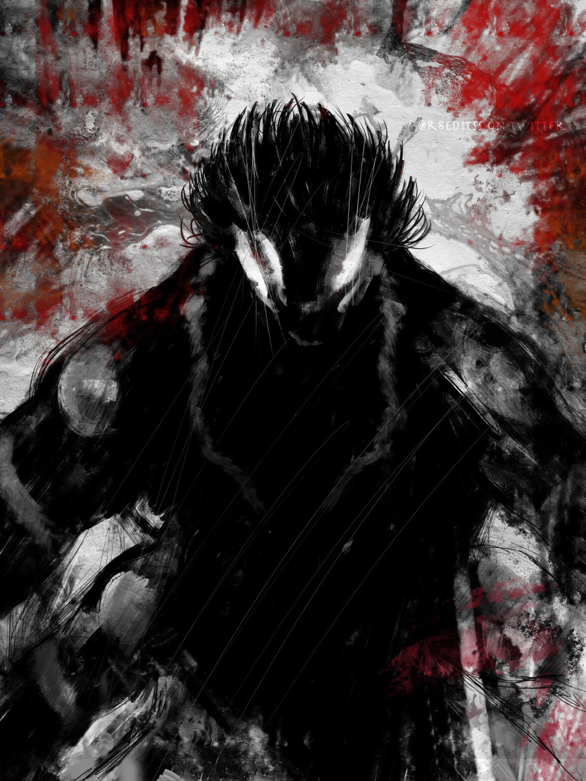 1boy arm_tattoo artist_name extra_arms extra_eyes glowing glowing_eyes greyscale highres jujutsu_kaisen looking_at_viewer monochrome rbeeditss red_aura ryoumen_sukuna_(jujutsu_kaisen) ryoumen_sukuna_(true_form)_(jujutsu_kaisen) shaded_face short_hair shoulder_tattoo silhouette solo spiked_hair tattoo