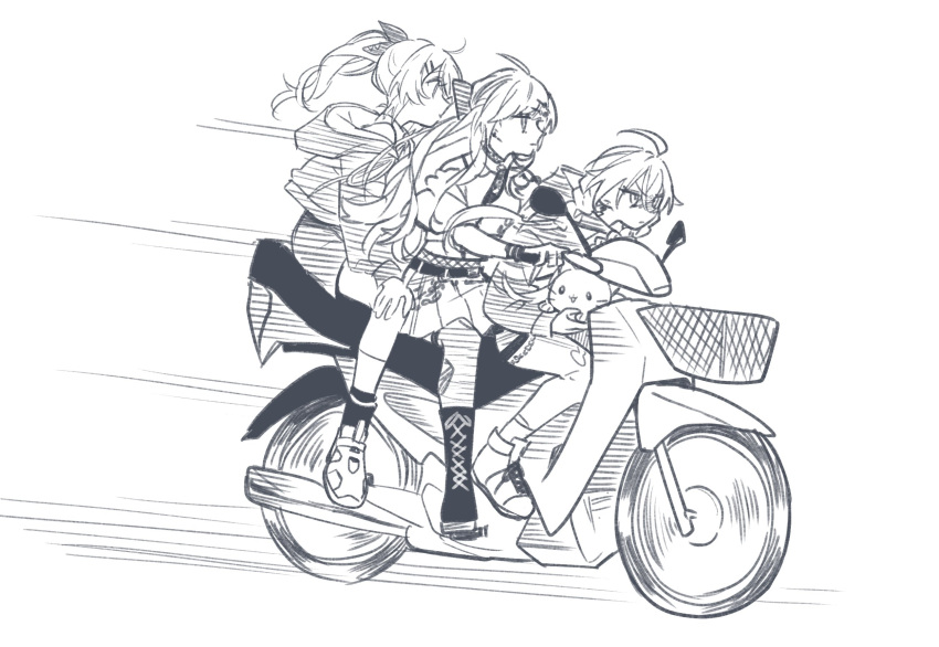 3girls ahoge braid cropped_shirt floating_hair hair_ornament hair_ribbon hairclip half_updo highres hood hood_down hoodie ishigami_nozomi kashikaze kuramochi_meruto kuramochi_meruto_(1st_costume) long_hair monochrome motor_vehicle motorcycle multiple_girls multiple_riders necktie nijisanji off-shoulder_shirt off_shoulder on_motorcycle pleated_skirt ribbon shirt shishido_akari shishido_akari_(1st_costume) sketch skirt twin_braids virtual_youtuber