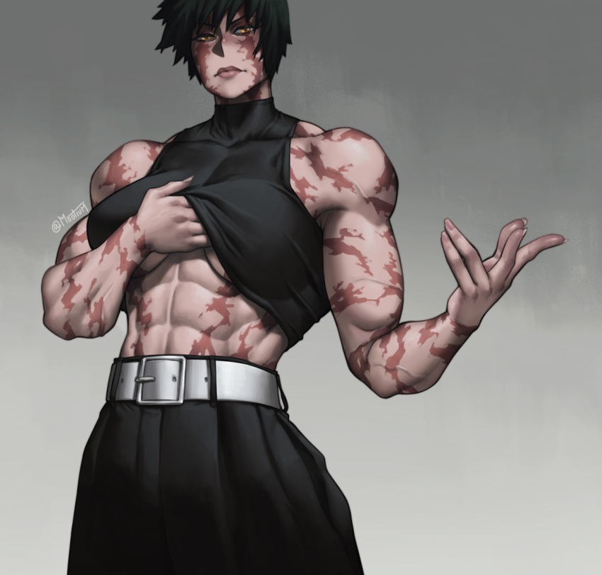 1girl abs belt black_hair breasts clothes_lift frown jujutsu_kaisen mootium muscular muscular_female scar scar_on_face shirt_lift short_hair signature solo tank_top turtleneck underboob yellow_eyes zen'in_maki