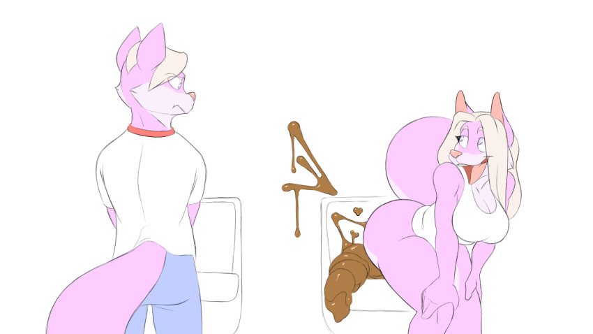 annoyed anthro blonde_hair canid canine canis cassandra_(el_brapitto) diarrhea domestic_dog duo el_brapitto feces female fur hair hi_res kevin_(el_brapitto) male male/female mammal peeing pink_body pink_fur pooping scat smile urinal