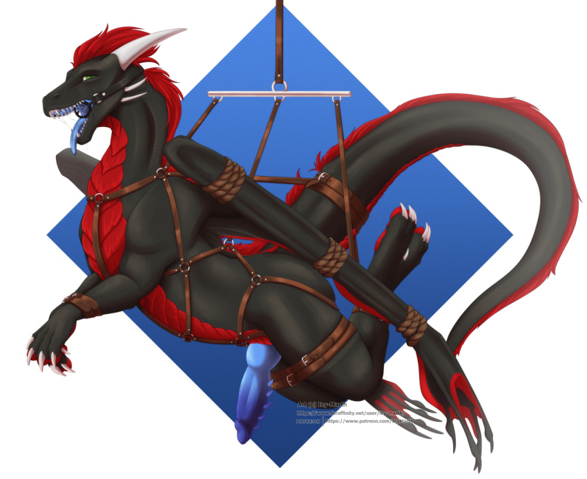bdsm bondage bound dragon feral gag genitals icy-marth knot leather male mythological_creature mythological_scalie mythology penis ring_gag rope scalie solo straps ych