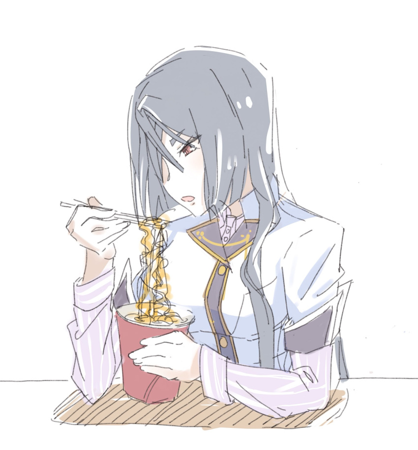 1girl auo123 brown_hair chopsticks cup_ramen eating eyebrows_visible_through_hair eyes_visible_through_hair food grey_hair highres holding holding_chopsticks long_hair noodles open_mouth origami_yukari ramen simple_background sketch sleeves_rolled_up solo toji_no_miko white_background