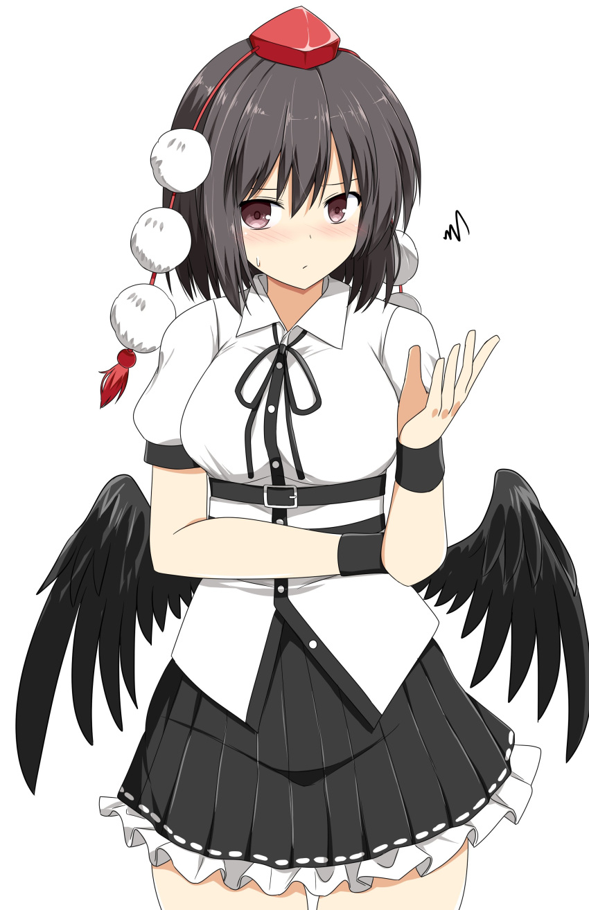 1girl absurdres belt bird_wings black_belt black_hair black_ribbon black_skirt black_wings blush breasts brown_eyes closed_mouth collared_shirt cowboy_shot feathered_wings frilled_skirt frills hat highres low_wings medium_breasts neck_ribbon pleated_skirt pom_pom_(clothes) puffy_short_sleeves puffy_sleeves red_hat ribbon rise_(rise19851203) scribble shameimaru_aya shirt short_hair short_sleeves simple_background skirt solo tassel thighs tokin_hat touhou white_background white_shirt wings