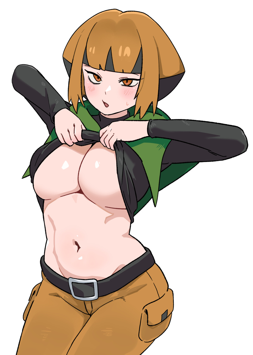 1girl belt black_belt blush breasts brown_hair brown_shorts capelet cargo_shorts clothes_lift crop_top cropped_shirt flashing gardenia_(pokemon) gigobyte350 green_capelet highres large_breasts lifted_by_self long_sleeves looking_at_viewer multicolored_hair navel pants pokemon pokemon_dppt poncho shirt_lift short_hair shorts simple_background slit_pupils solo sweat two-tone_hair underboob white_background