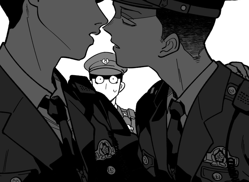 3boys absurdres black_jacket black_necktie close-up collared_shirt from_side greyscale hat highres implied_kiss jacket kamenreon1213 leaning_forward looking_at_another male_focus monochrome multiple_boys necktie original parted_lips police police_hat police_uniform shirt short_hair surprised sweatdrop uniform white_shirt wide-eyed yaoi