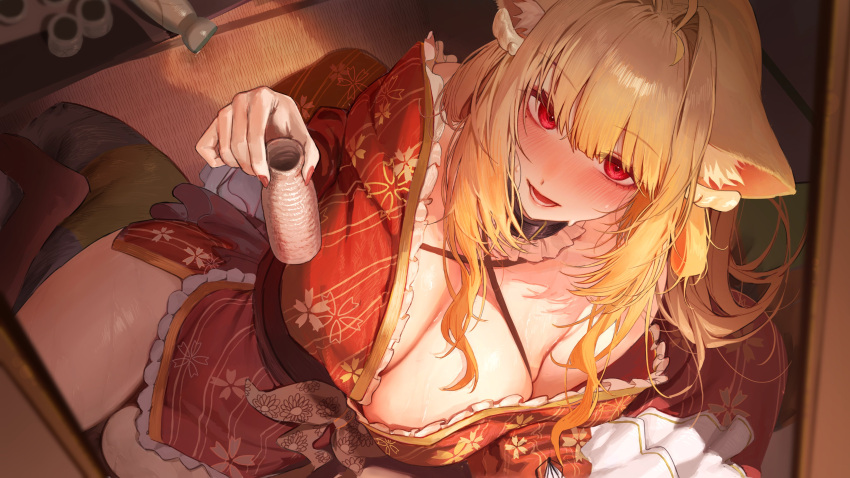 absurdres animal_ear_fluff animal_ears arm_support blonde_hair blush breasts cleavage collar drunk frills from_above halterneck highres japanese_clothes large_breasts long_hair looking_up marse_(rokudaime) off_shoulder original red_eyes side_slit socks tatami tokkuri