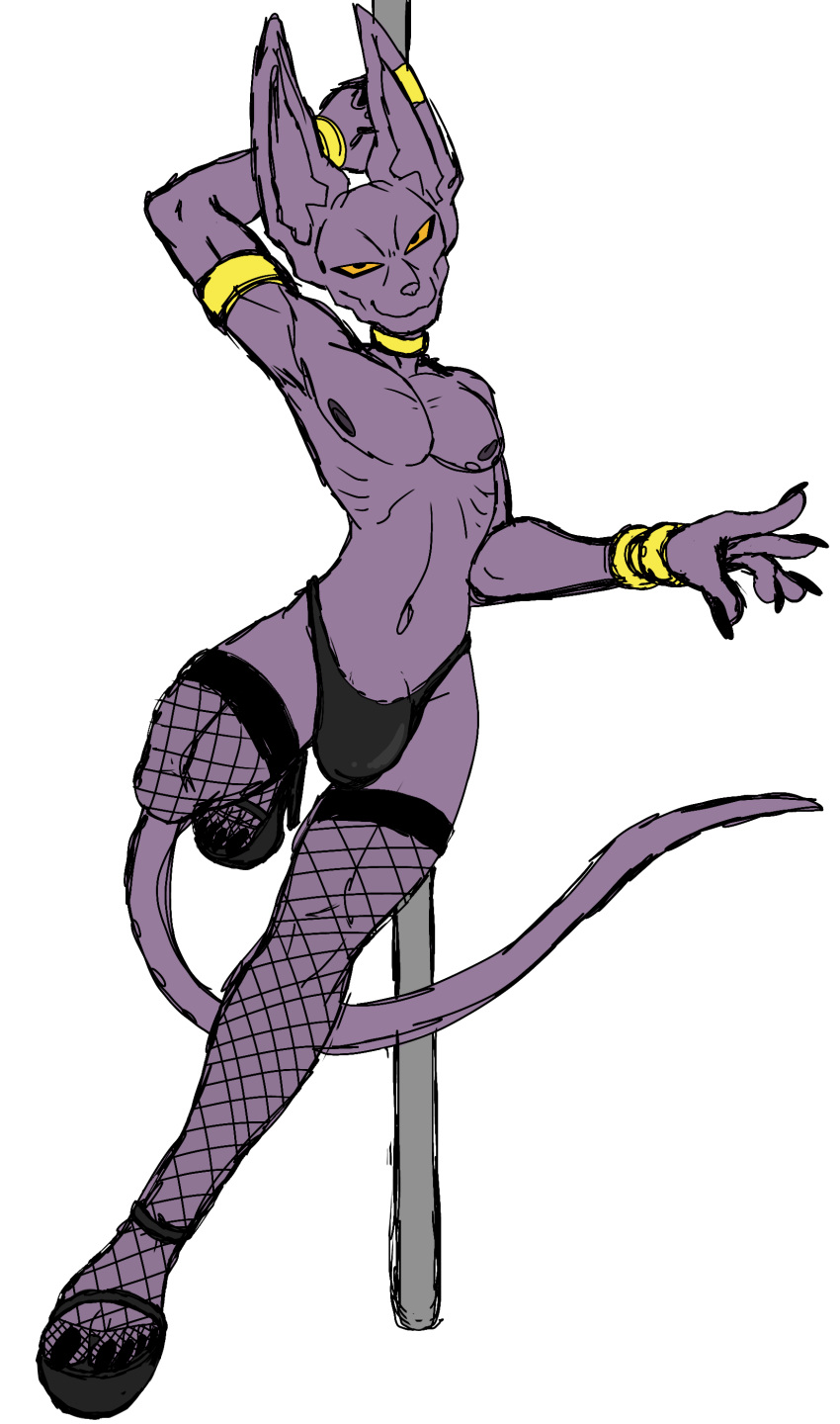 absurd_res beerus clothing dragon_ball dragon_ball_super fishnet_clothing fishnet_legwear foot_ninja15 footwear hi_res high_heels humanoid legwear male nipples sketch solo stripper thong underwear unfinished