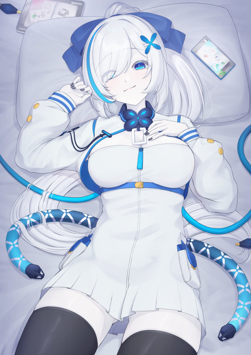 1girl absurdres ass_visible_through_thighs azur_lane black_nails black_thighhighs blue_bow blue_eyes blue_hair bow breasts cellphone cleavage cleavage_cutout closed_mouth clothing_cutout colored_skin dress eyes_visible_through_hair gunknown hair_bow hair_over_one_eye high_ponytail highres long_sleeves looking_at_viewer lying medium_breasts multicolored_hair on_back on_bed phone pillow short_dress smartphone smile solo streaked_hair tb_(azur_lane) tb_(type-l)_(azur_lane) thighhighs white_dress white_hair white_skin