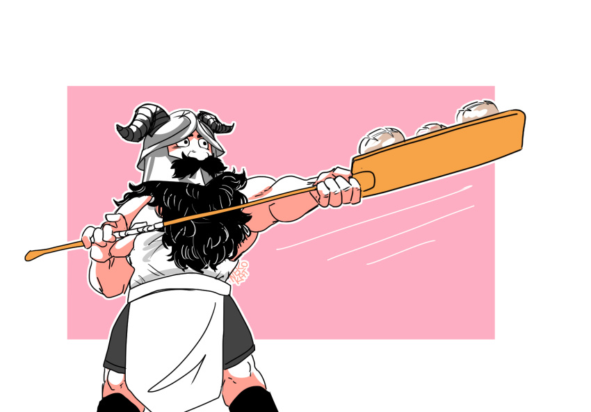 1boy apron bara beard bread cooking dungeon_meshi dwarf facial_hair fake_horns feet_out_of_frame food greyscale_with_colored_background helmet highres holding horned_helmet horns long_beard male_focus muscular muscular_male nekokat42 peel_(tool) pink_background senshi_(dungeon_meshi) solo speed_lines thick_mustache two-tone_background very_long_beard