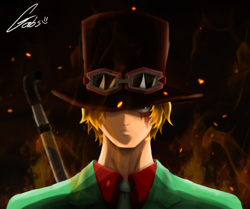 1boy absurdres black_hat blonde_hair closed_mouth commentary english_commentary gabskk goggles goggles_on_headwear hat hat_over_one_eye highres lead_pipe looking_at_viewer male_focus one_piece sabo_(one_piece) scar scar_across_eye scar_on_face short_hair signature solo top_hat weapon weapon_on_back