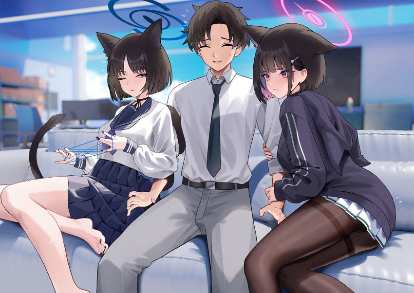 1boy 2girls animal_ears bare_legs barefoot belt black_belt black_choker black_hair black_jacket black_necktie blue_archive blue_archive_the_animation blue_halo blue_sailor_collar blue_skirt blurry blurry_background brown_pantyhose cat_ears cat_girl choker cirilla_lin couch extra_ears grey_pants hair_ornament hairclip halo highres indoors jacket kazusa_(blue_archive) kikyou_(blue_archive) long_sleeves multiple_girls multiple_tails necktie on_couch one_eye_closed pants pantyhose pink_halo pleated_skirt sailor_collar school_uniform sensei_(blue_archive) sensei_(blue_archive_the_animation) serafuku shirt short_hair sitting skirt tail toes white_shirt