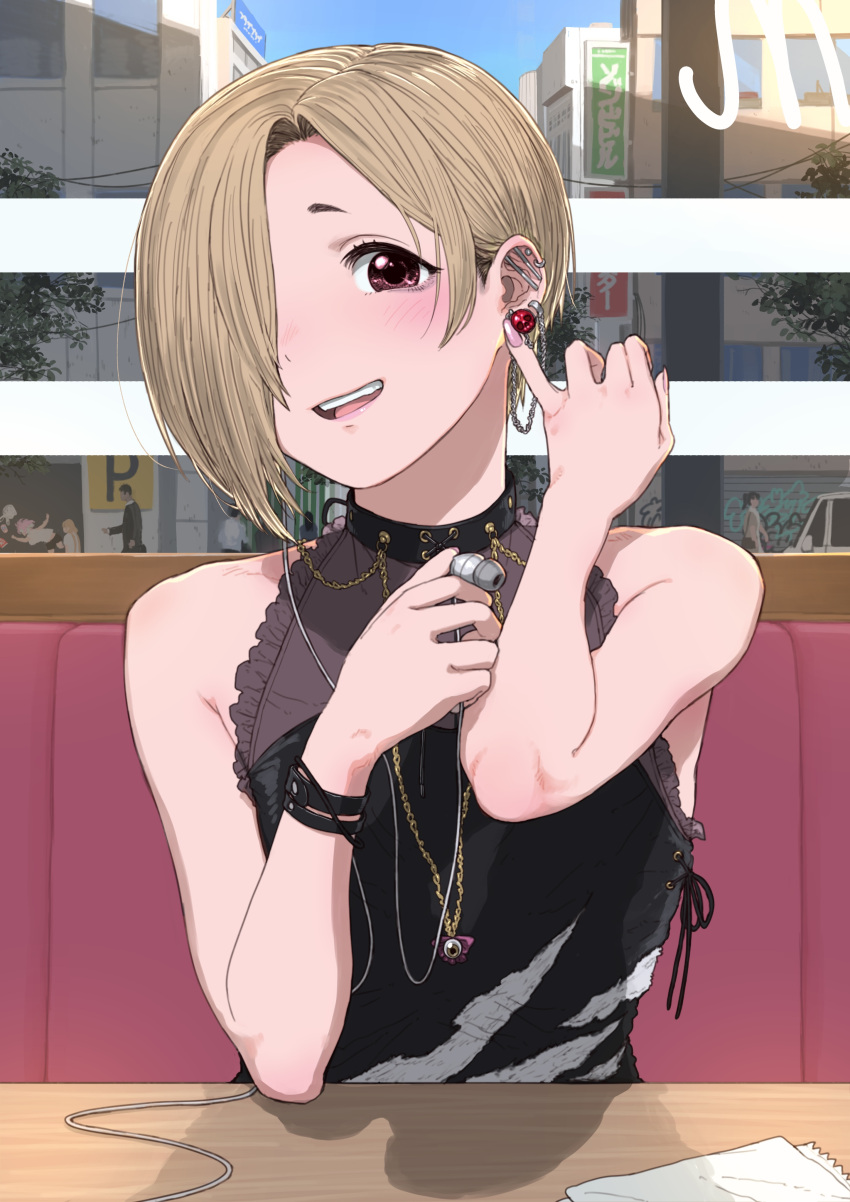 1girl absurdres bare_arms bare_shoulders black_blouse blonde_hair blouse blush brown_eyes chain commentary ear_piercing earbuds earphones fingernails gold_chain hair_over_one_eye highres idolmaster idolmaster_cinderella_girls industrial_piercing jewelry light_brown_hair long_fingernails looking_at_viewer necklace open_mouth piercing pov_across_table restaurant shirasaka_koume short_eyebrows short_hair sitting sleeveless_blouse smile solo turbo_engine_(rakugaki_tabo)