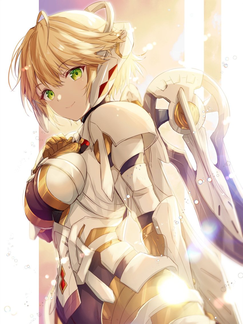 1girl ahoge android blonde_hair cyborg fiora_(xenoblade) green_eyes hand_on_own_chest highres lens_flare looking_at_viewer mecha-fiora mechanical_hands mechanical_parts science_fiction short_hair smile solo spoilers ui_frara upper_body xenoblade_chronicles_(series) xenoblade_chronicles_1