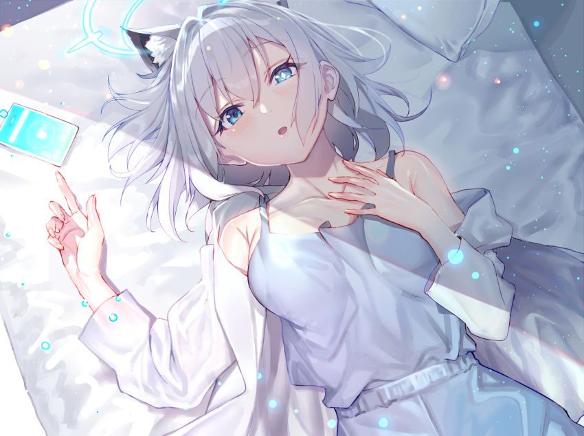 1girl animal_ear_fluff animal_ears blue_archive blue_halo camisole extra_ears halo hand_on_own_chest hand_up highres id_card looking_at_viewer lying mismatched_pupils off_shoulder on_back on_bed open_mouth shiroko_(blue_archive) tsukudani_(ore624) upper_body wolf_ears