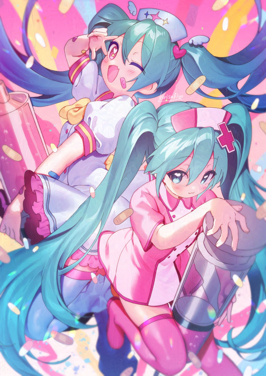 2girls :3 aqua_eyes aqua_hair bandaid bandaid_on_arm bandaid_on_face blush boots bow bowtie collared_dress commentary cross_hair_ornament dress fang frills hair_ornament hat hatsune_miku heart heart_hair_ornament heart_in_eye highres holding holding_syringe kirisaki_shuusei koiiro_byoutou_(vocaloid) large_syringe long_hair looking_at_viewer m@gical_cure!_love_shot!_(vocaloid) multiple_girls nurse_cap one_eye_closed open_mouth oversized_object pill pink_dress pink_eyes pink_footwear pink_sailor_collar pink_trim puffy_short_sleeves puffy_sleeves sailor_collar short_sleeves signature skin_fang smile star_(symbol) star_in_eye symbol_in_eye syringe thigh_boots twintails v v_over_eye vocaloid white_footwear yellow_bow yellow_bowtie