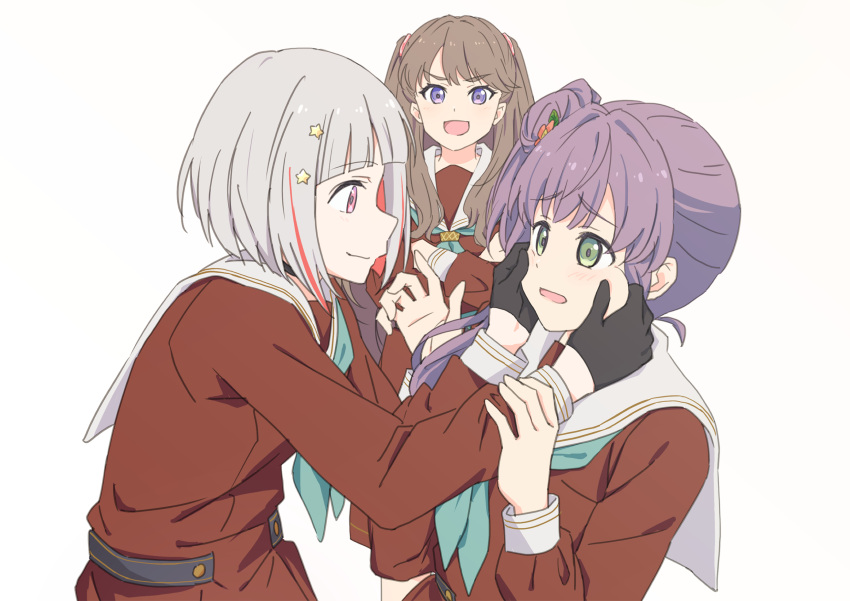 3girls :d aqua_neckerchief black_choker black_gloves blunt_bangs bob_cut brown_dress brown_hair choker closed_mouth colored_inner_hair commentary_request crossed_arms dress eye_contact flower fujishima_megumi gloves green_eyes grey_hair hair_bun hair_flower hair_ornament half_gloves hand_on_another's_arm hands_on_another's_cheeks hands_on_another's_face hands_up hasu_no_sora_school_uniform highres inverted_bob link!_like!_love_live! lone_nape_hair long_hair long_sleeves looking_at_another love_live! multicolored_hair multiple_girls neckerchief nogreen open_mouth otomune_kozue pink_eyes purple_eyes purple_hair red_flower red_hair sailor_collar sailor_dress school_uniform short_hair side_ponytail sidelocks simple_background single_side_bun smile squeezing_cheeks star_(symbol) star_hair_ornament streaked_hair two_side_up white_background white_sailor_collar winter_uniform yugiri_tsuzuri
