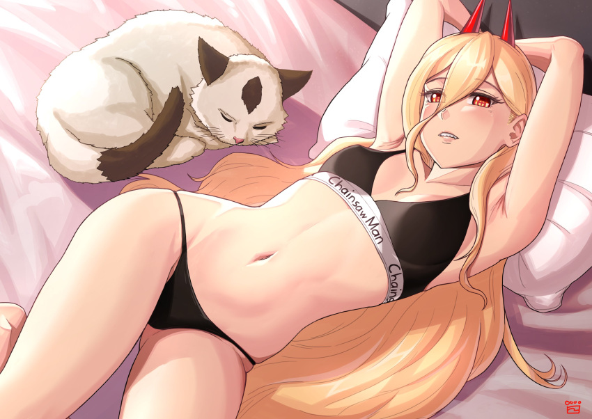 1girl armpits arms_behind_head arms_up artist_logo ass_visible_through_thighs black_bra black_panties blonde_hair bra breasts cat chainsaw_man english_commentary eyes_visible_through_hair finalcake hair_between_eyes head_on_pillow highres horns long_hair looking_at_viewer lying meowy_(chainsaw_man) navel on_back on_bed orange_eyes panties parted_lips power_(chainsaw_man) red_horns sharp_teeth small_breasts teeth underwear underwear_only