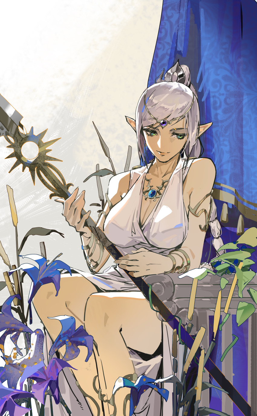 1girl absurdres alternate_costume baldur's_gate baldur's_gate_3 bare_shoulders bracelet breasts chinese_commentary circlet cleavage collarbone commentary_request curtains dress duanlie_heng_xian dungeons_&amp;_dragons elf feet_out_of_frame flower grey_hair highres holding holding_polearm holding_weapon jewelry long_hair looking_to_the_side multi-tied_hair orchid pointy_ears polearm purple_flower shadowheart_(baldur's_gate) sideways_glance sitting sleeveless sleeveless_dress smile solo weapon white_dress