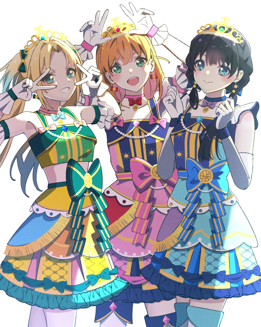 3girls :d absurdres aikatsu!_(series) aikatsu!_photo_on_stage!! aqua_bow aqua_eyes aqua_skirt arm_cuffs armpits arms_up black_hair blue_bow blue_choker blue_eyes blue_skirt boots bow bow_choker bow_earrings bow_skirt choker clenched_hands closed_mouth collarbone commentary cowboy_shot cropped_shirt crossed_bangs double_v double_w dress dress_bow earrings elbow_gloves frilled_dress frilled_gloves frilled_skirt frills fujiwaland gloves green_bow green_shirt grin hair_bow hands_up highres hinoshita_kaho jewelry light_blush link!_like!_love_live! long_hair love_live! low_twintails medium_hair multicolored_clothes multicolored_dress multicolored_shirt multicolored_skirt multiple_girls murano_sayaka off-shoulder_shirt off_shoulder open_mouth orange_hair osawa_rurino pantyhose pink_bow pink_choker pink_skirt purple_bow red_bow shirt sidelighting simple_background skirt smile teeth thigh_boots tiara twintails upper_teeth_only v v_over_eye virtual_youtuber w white_background white_gloves white_pantyhose yellow_shirt yellow_skirt