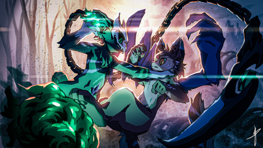 2021 4_arms absurd_res action_pose anamorphic_lens_flare anthro blaedic bone chain chain_weapon cheek_tuft chest_tuft close-up colored_fire depth_of_field digitigrade dirt duo facial_tuft felid feline fight fire forest glare_(lighting) gloves_(marking) grainy green_eyes green_fire green_smoke hi_res jumping kukri light lighting looking_at_another looking_down magic male male_anthro mammal markings mask mask_only midair multi_arm multi_limb navel nude particles pawpads plant pose side_view skeleton smoke surprise_attack thick_thighs throat_grab tree tuft weapon yellow_eyes