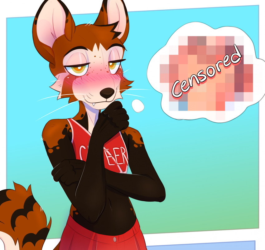 ailurid anthro black_body black_fur blush blush_lines brown_body brown_fur censored cheek_tuft cheerleader cheerleader_outfit clothing crop_top english_text facial_tuft fur gradient_background half-closed_eyes heresvix hi_res male mammal markings narrowed_eyes pixelated red_panda shirt simple_background smile smirk smug smug_face solo striped_markings striped_tail stripes tail tail_markings tan_body tan_fur text thought_bubble topwear tuft