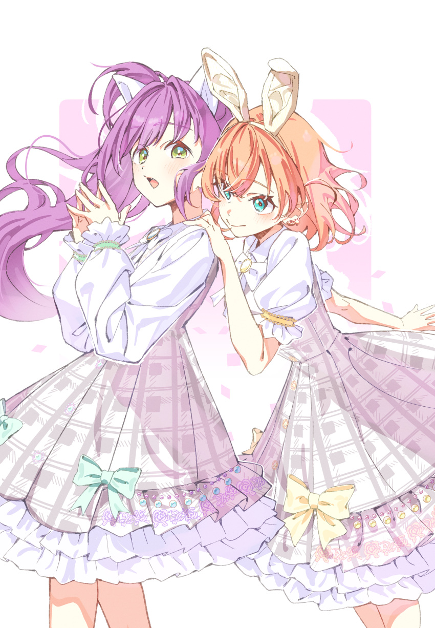 2girls absurdres animal_ears aqua_eyes blush bow bowtie cat_ears cerise_bouquet closed_mouth dress earrings fake_animal_ears frilled_dress frills green_bow green_eyes grey_dress hand_on_another's_shoulder highres hinoshita_kaho holiday_holiday_(love_live!) jewelry koiori link!_like!_love_live! long_hair long_sleeves looking_afar looking_at_another love_live! medium_hair multiple_girls open_mouth orange_hair otomune_kozue own_hands_together plaid plaid_dress rabbit_ears short_sleeves side_ponytail upper_body virtual_youtuber white_background white_bow white_bowtie yellow_bow