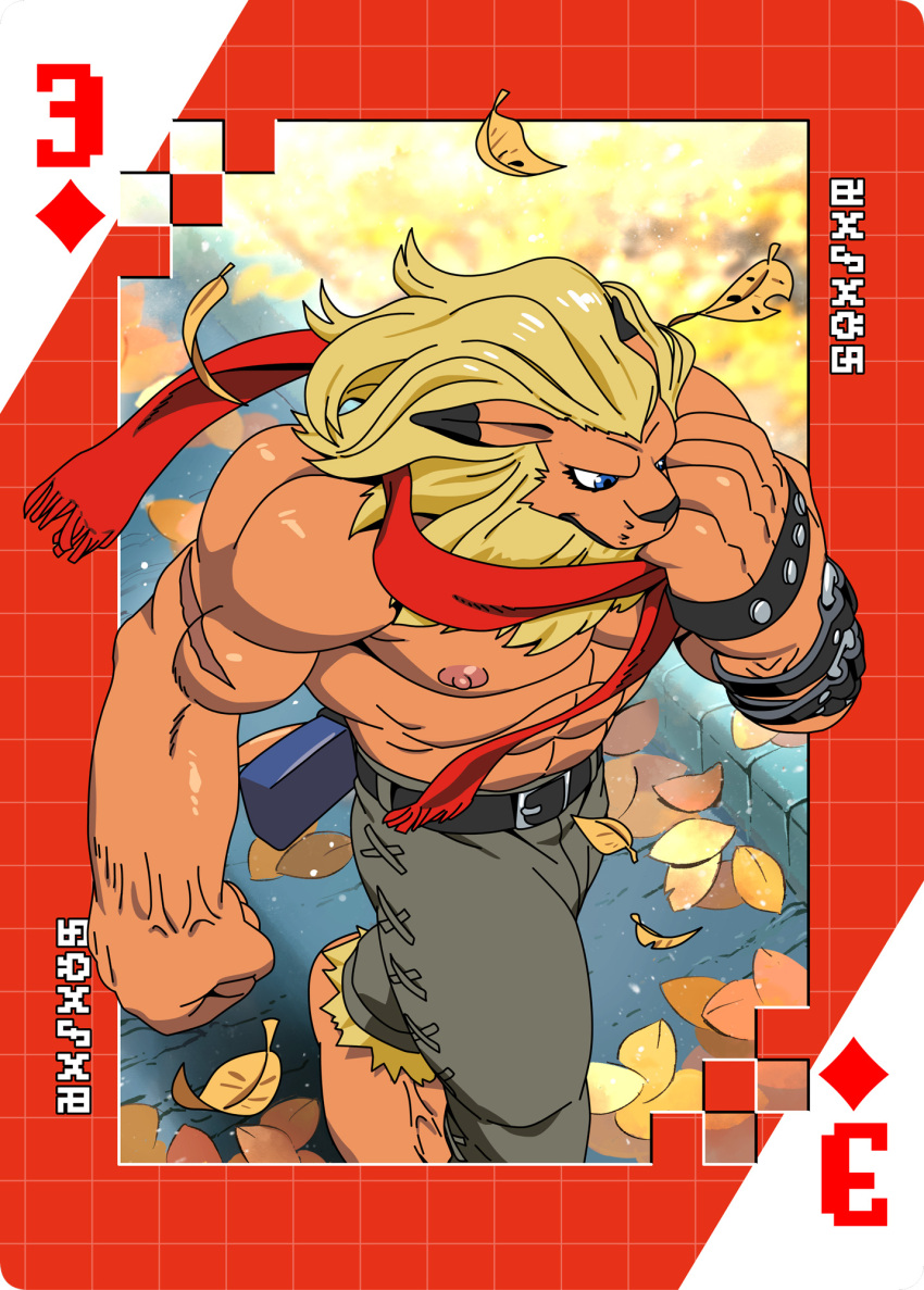 anthro autumn bandai_namco blonde_hair card clothed clothing digimoji digimon digimon_(species) felid hair hi_res leomon lion male mammal muscular muscular_anthro muscular_male pantherine pecs playing_card roaringmoon scarf solo suit_symbol topless