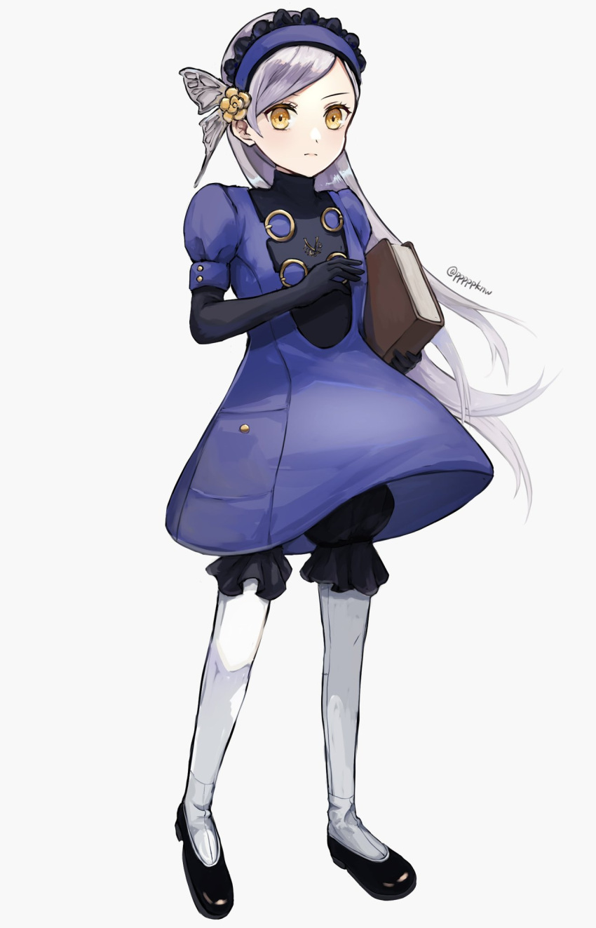 1girl black_bloomers black_footwear black_gloves bloomers blue_dress blue_hairband book butterfly_hair_ornament dress elbow_gloves expressionless full_body gloves grey_background grey_hair hair_ornament hairband highres holding holding_book lavenza_(persona_5) long_hair looking_at_viewer pantyhose persona persona_5 pppppknw shoes short_sleeves simple_background solo standing swept_bangs very_long_hair white_pantyhose yellow_eyes