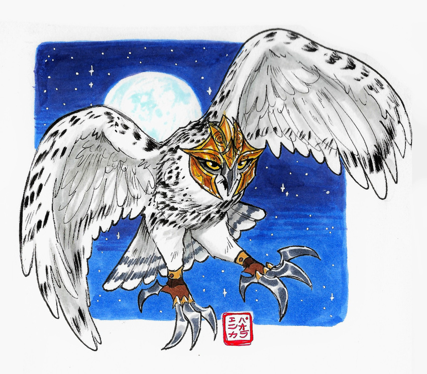 ambiguous_gender armor avian battle_claws bird feathers female_(lore) feral flying guardians_of_ga'hoole headgear helmet hi_res horned_owl kabuki-aku moon night owl snowy_owl solo traditional_media_(artwork) true_owl white_body white_feathers yellow_eyes