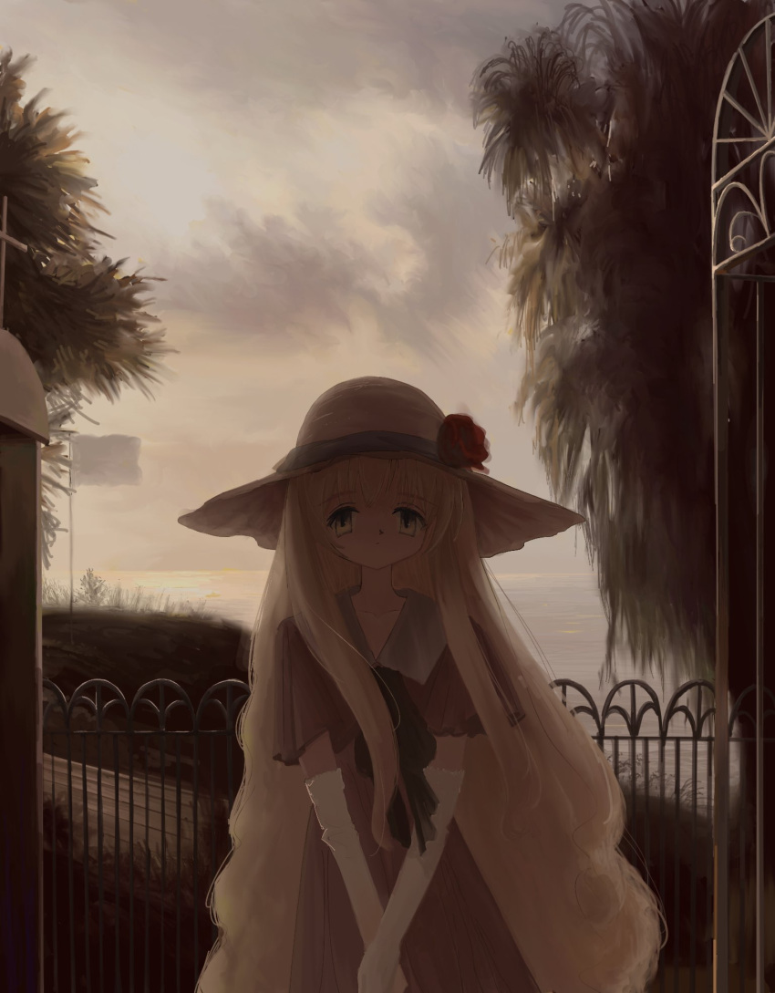 1girl balcony blonde_hair dress elbow_gloves flower gloves green_eyes hat hat_flower highres horizon kibishiihiekomi long_hair ocean original own_hands_together railing red_flower sky solo tree very_long_hair