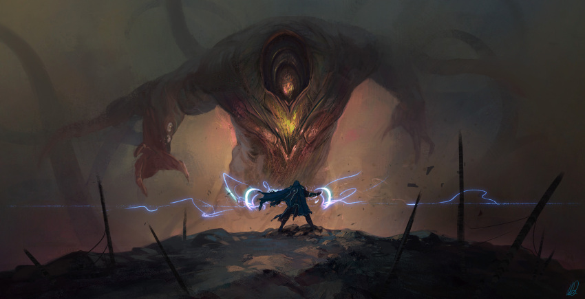 1boy 1other absurdres blue_cape boss_fight cape dusk eldritch_abomination english_commentary extra_eyes glowing highres hood hooded_cape jace_beleren kozilek_butcher_of_truth looking_at_another m1ch93 magic magic:_the_gathering outstretched_hand reaching signature tentacles