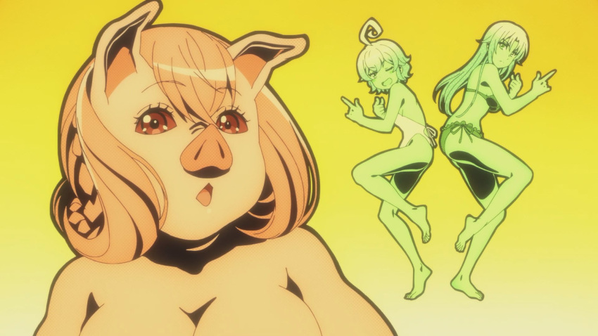 3girls ahoge anime_screenshot aqua_(tsuki_ga_michibiku_isekai_douchuu) ass bikini breasts closed_mouth completely_nude dancing ema_(tsuki_ga_michibiku_isekai_douchuu) eris_(tsuki_ga_michibiku_isekai_douchuu) hair_between_eyes highres long_hair looking_at_viewer monochrome multiple_girls non-web_source nude official_art one-piece_swimsuit one_eye_closed open_mouth pig_girl pointing pointing_at_viewer pointing_up short_hair siblings sideboob sisters smile standing standing_on_one_leg swimsuit tiptoes tsuki_ga_michibiku_isekai_douchuu yellow_background