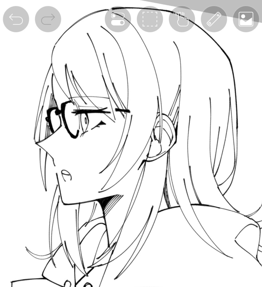 1girl art_program_in_frame bang_dream! bang_dream!_it's_mygo!!!!! bespectacled commentary_request glasses greyscale lineart medium_hair monochrome nanami_(nunnun_0410) open_mouth simple_background solo unfinished upper_body white_background yahata_umiri