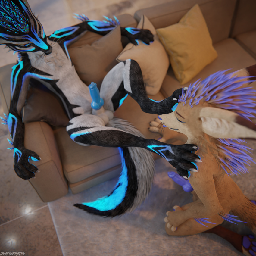 1:1 3d_(artwork) 4k absurd_res animal_genitalia animal_penis anthro anthro_on_anthro balls biped black_body black_fur blender_(software) blender_cycles blue_body blue_fur blue_penis brown_body brown_fur canid canine canine_genitalia canine_penis carpet claws clothing coffeefen depth_of_field digital_media_(artwork) dominant dominant_male dragonplayer dragonplayer_(character) duo erection eye_contact feathers feet feet_up foot_fetish foot_focus foot_on_face foot_on_head foot_on_shoulder foot_play fox fur furniture genitals grey_body grey_fur hair hi_res hindpaw humiliation inside kneeling kneeling_on_ground knot latex latex_clothing living_room looking_at_another looking_pleasured male male/male mammal mouth_closed multicolored_body on_ground on_sofa open_mouth pawpads paws penis pillow purple_penis pushing raised_leg raised_paw reflection rexouium sitting sitting_on_ground sitting_on_sofa slim slim_anthro slim_male slim_sub smile sofa spread_legs spreading submissive submissive_male tail teasing teasing_with_feet toe_claws toes tongue white_body white_fur