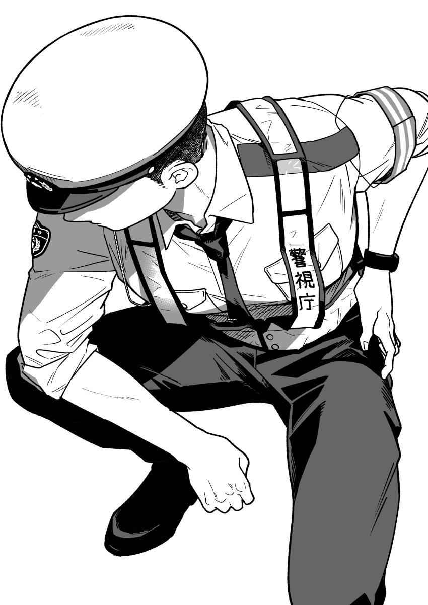 1boy absurdres arm_on_knee armband black_necktie black_pants collared_shirt covered_eyes from_above greyscale hand_on_own_hip hat head_down highres kamenreon1213 leaning_forward male_focus monochrome necktie original pants police police_hat police_uniform shirt short_hair simple_background sleeves_rolled_up solo squatting uniform watch white_shirt wristwatch